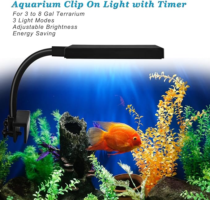 Clip On Aquarium Light with Timer for 3 to 8 Gal Fish Tank (Dimmable Full Spectrum LED) USB Moving Lamp for Open Terrarium (Adapter NOT Included)