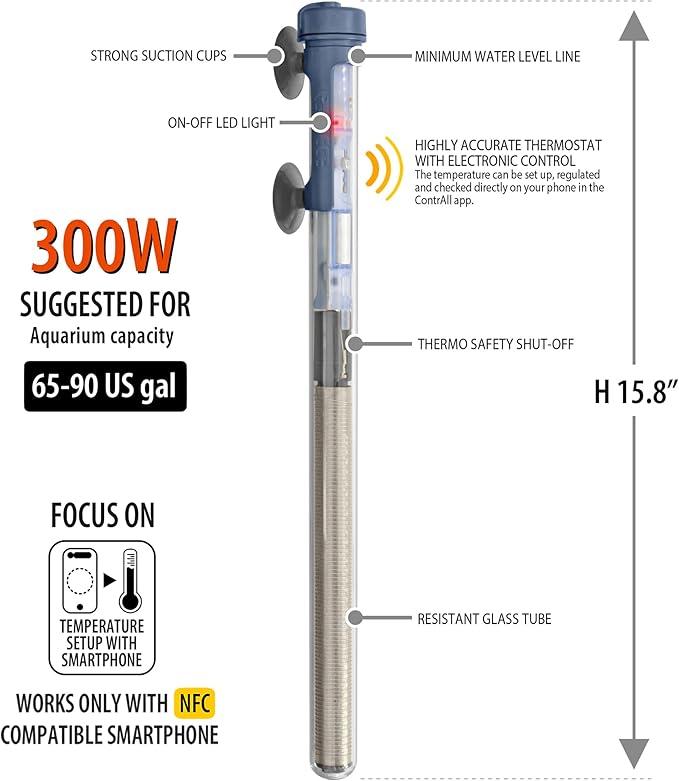 Sicce Scuba 300 Watt Aquarium Fish Tank Heater Smartphone Controlled via NFC Contactless App Adjustable | 300W Submersible for Marine Saltwater and Freshwater | Run Dry Protection