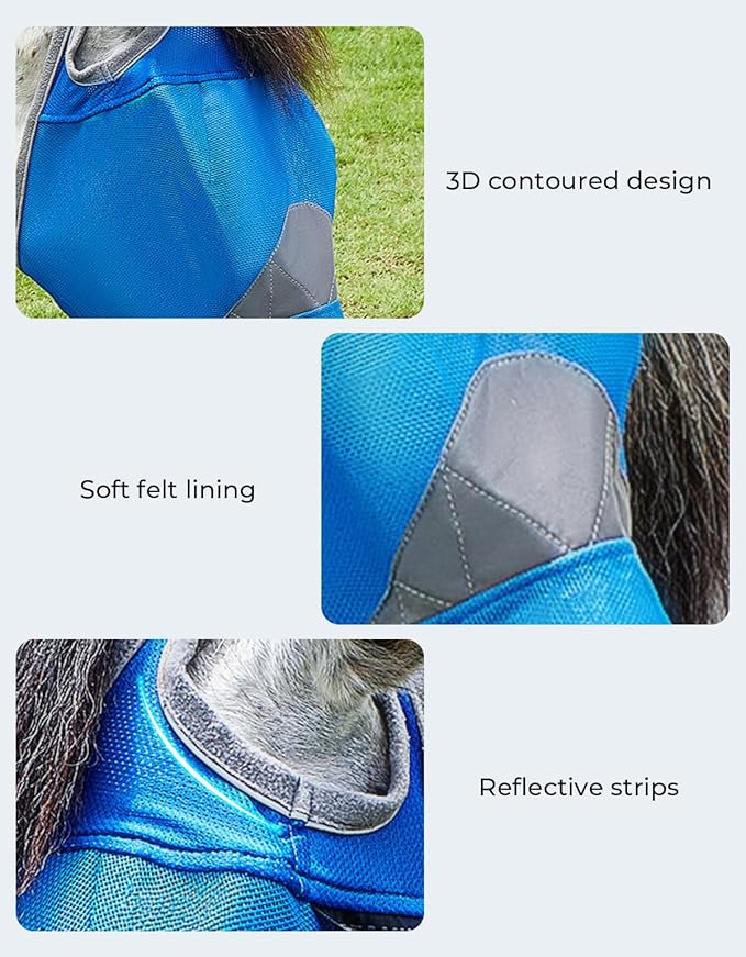 DEERFAMY Adjustable Horse Fly Mask, High-Quility Net Mesh Mask with Large Eye Space,Full Coverage, Soft & Gentle on Skin, No Ears but with Nose (Blue, XL)