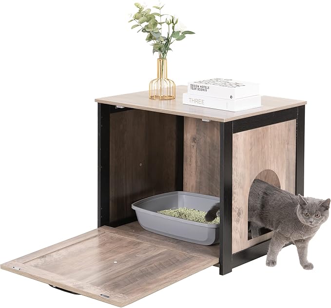 DWANTON Cat Litter Box Furniture Hidden, Cat Litter Box Enclosure, Reversible Entrance Can Be on Left or Right Side, Indoor Cat Box Cabinet, Wooden Cat Washroom, End Table, Nightstand