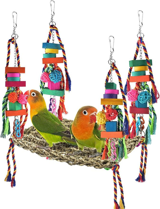 KATUMO Bird Toys, Bird Foraging Wall Toy Large Size Seagrass Woven Climbing Hammock Swing Mat with Colorful Chewing Toys for Lovebird, Parakeet, Budgie, Conure, Cockatiel, Small Birds