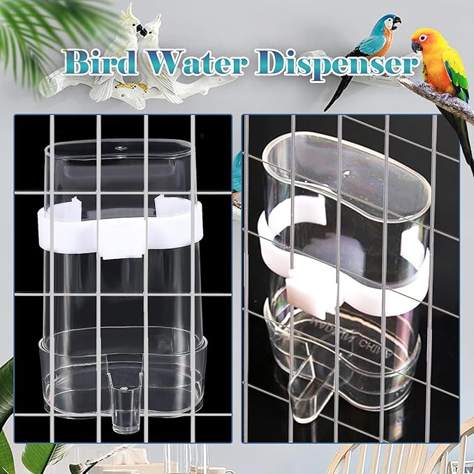 kathson No Mess Bird Feeder Water Dispenser Set,Automatic Parakeet Feeders Drinker Cage Acrylic Parrot Seed Food Dispenser Container Accessories for Small Lovebirds Canary Budgies Finch Squirrel(2Pcs)