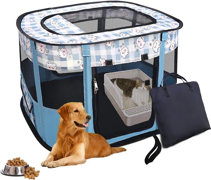 Dog and CAT pop Play Pen,Pets Houses for Dogs and Cats,Indoor&Outdoor Exercise Pen Dog Tent Puppy Playground Large (M, Bule)