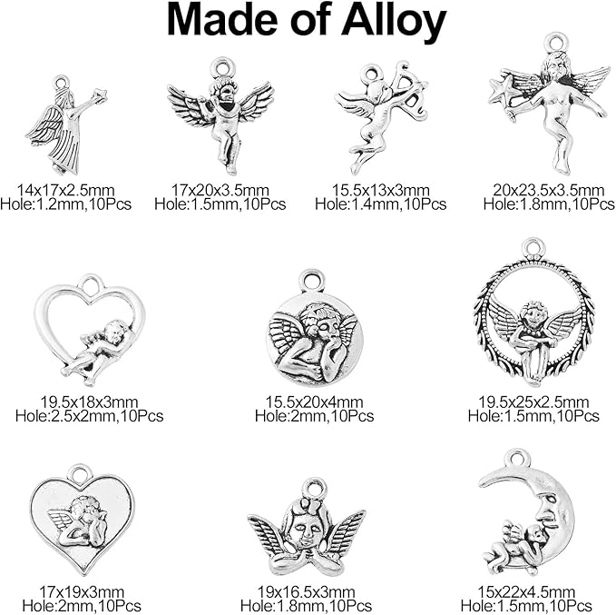 Stiesy 100 Pcs Tibetan Style Alloy Angel Charm Vintage Love Heart Cupid Charms for DIY Necklace Bracelet Jewelry Making Accessories