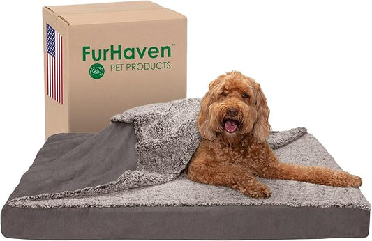 Furhaven Orthopedic Dog Bed for Large Dogs w/ Removable Washable Cover, For Dogs Up to 95 lbs - Berber & Suede Blanket Top Mattress - Gray, Jumbo/XL