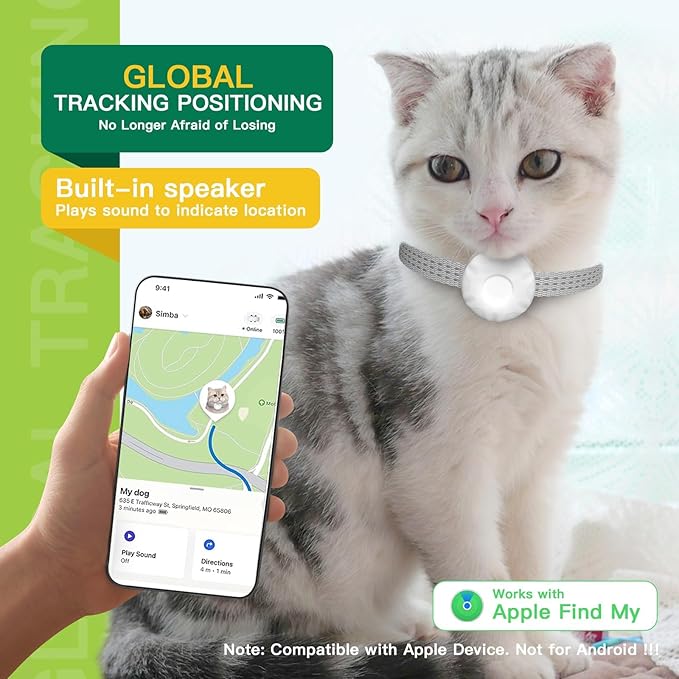 Cat Tracker,Pet Tracker for Cats (Only iOS),Waterproof Tracker Cat Collars with Safety Elastic Buckle,Works with Any Collar,No Monthly Fee,Compatible with Apple Find My App