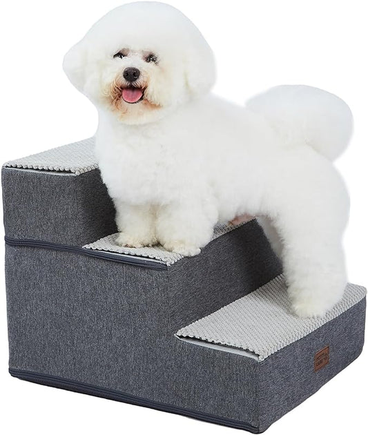 Dog Stairs for Small Dogs - Foam Pet Steps for High Beds and Couch, Non-Slip Folding Dog Steps Portable Pet Stairs for Large Dog and Cats,3 Step, Grey