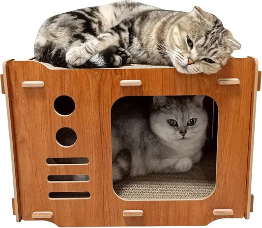 TV Wooden Cat Scratcher House Cardboard with 2 PCS Cat Scratch Pads 2 Story Cute Cat House with Scratcher Cat Scratchers Lounge Bed for Indoor Cats Play Cat Box cat Scratching House