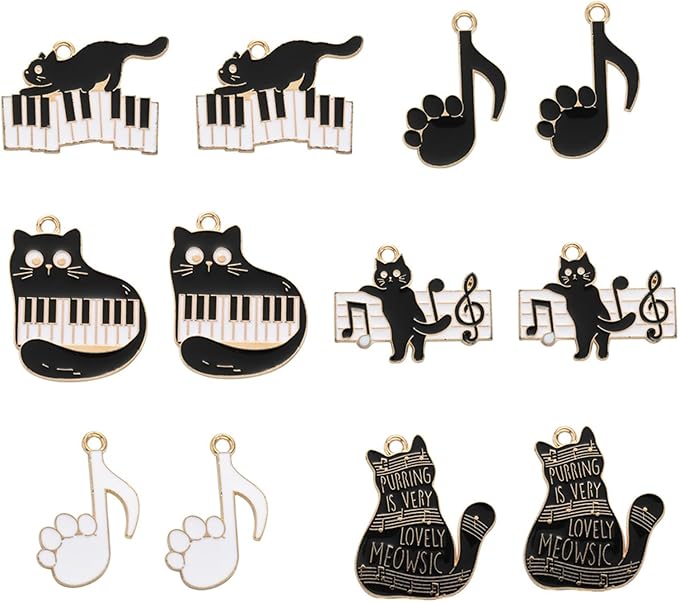 KitBeads 30pcs Black White Music Charms Cute Kitten Piano Music Note Charms Cartoon Black Paw Pint Cat Charms for Jewelry Making Bracelets Bulk