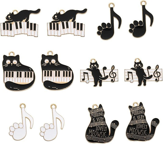 KitBeads 30pcs Black White Music Charms Cute Kitten Piano Music Note Charms Cartoon Black Paw Pint Cat Charms for Jewelry Making Bracelets Bulk
