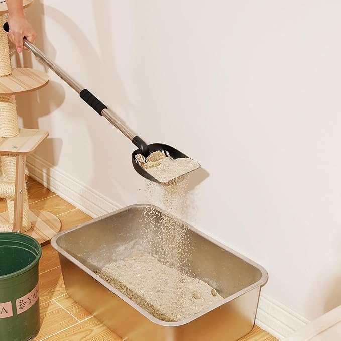 Yangbaga Newest Cat Litter Scoop, Long Handled Metal Litter Scooper with Deep Shovel, Non-Stick Detachable Cat Litter Sifter with Foam Padded Grip, Comes with Litter Scoop Holder