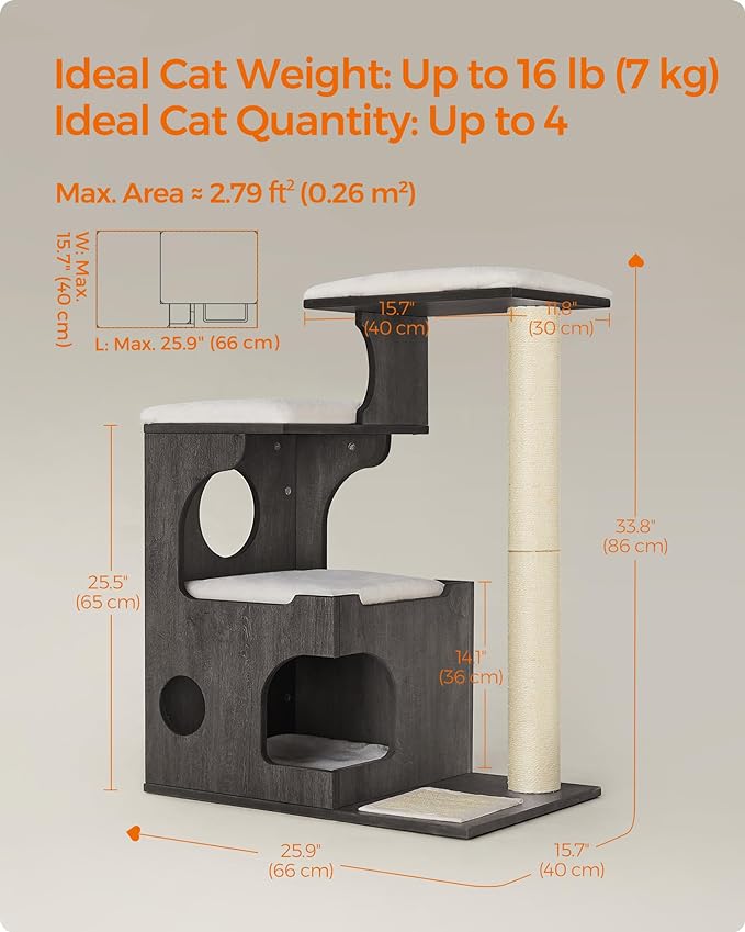 Feandrea WoodyWonders Cat Tree, 33.8-Inch Modern Cat Tower, Cat Condo with 3 Perches, Scratching Post and Mat, Cave, 4 Removable Washable Cushions, Misty Gray UPCT070G02