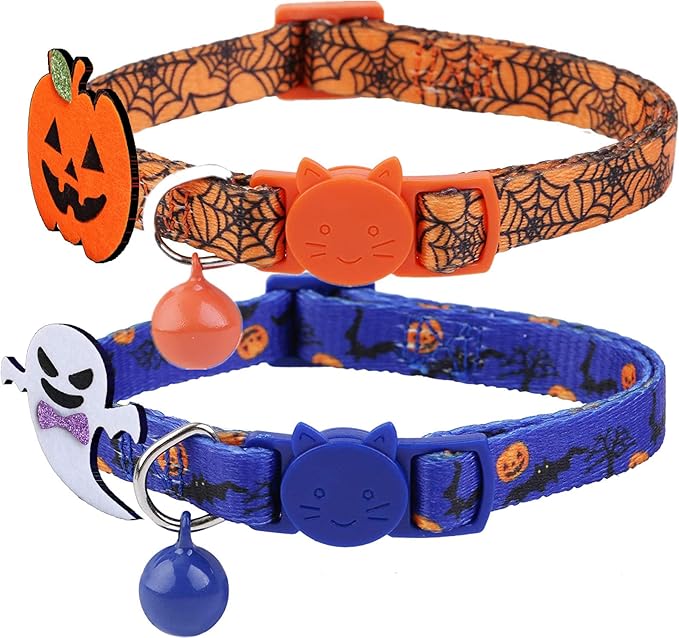 BoomBone 2 Pack Cat Halloween Collar,Kitten Collars for Small Dogs with Bell and Pumpkin Ghost Charm