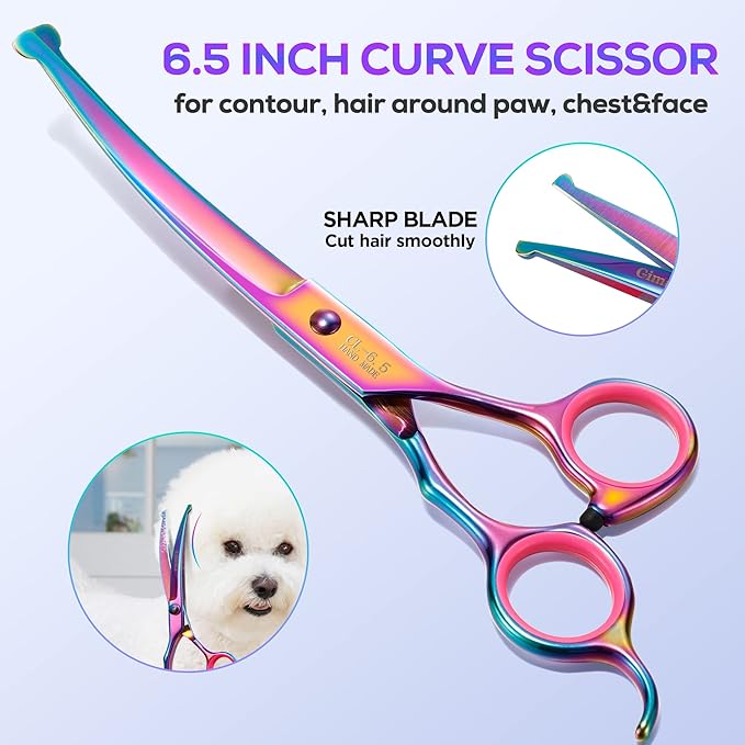 Gimars Professional 4CR Stainless Steel 6 in 1 Grooming Scissors for Dogs with Safety Round Tip, Heavy Duty Titanium Coated Pet Grooming Scissor for Dogs, Cats and Other Animals