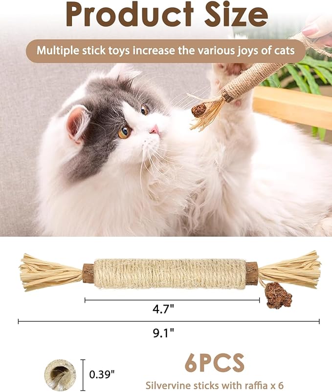 Tocirelo Silvervine Sticks Cat Toys - 6 Pack Natural Cat Chew Stick Toy for Cat Dental Care Teeth Cleaning, Matatabi Cat Nip Treat Toys for Indoor Cats Kittens