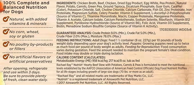 Rachael Ray Nutrish Premium Natural Wet Dog Food with Added Vitamins & Minerals, Hearty Beef Stew Recipe, 8 Ounce (Pack of 8)