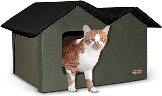 K&H Pet Products Outdoor Cat House Extra-Wide Unheated Cat Shelter for Two, Olive, 26.5 X 21.5 X 15.5 Inches