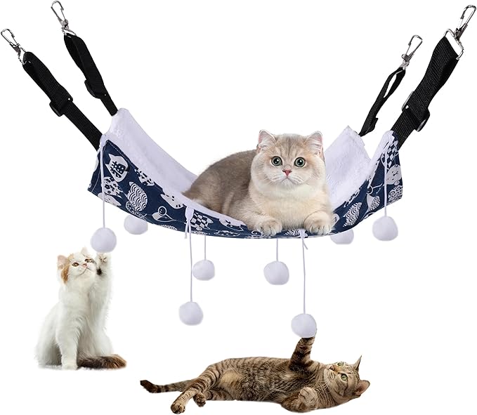 HOMBYS Reversible Cat Hanging Hammock for Cage，Soft Breathable Pet Cage Hammock with Adjustable Straps and Metal Hooks for Cats or Small Pets (Blue)