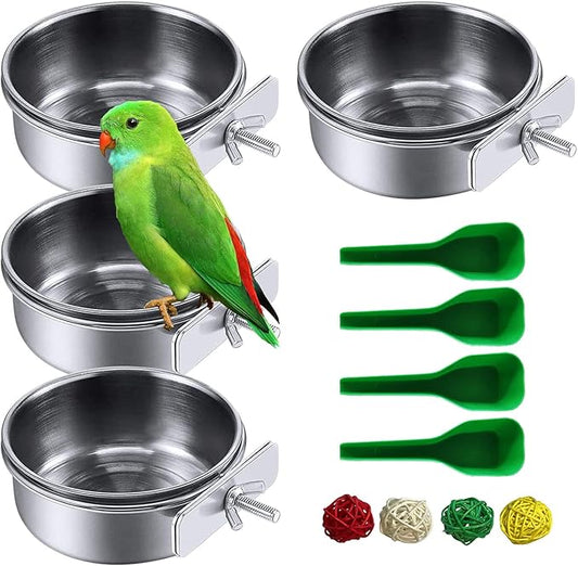 kathson Stainless Steel Bowls for Birds,4 Pcs Parrot Feeder Dish Cups,Bird Cage Water Food Bowl Coop Cup with Clamp Holder for Parrots Cockatiel Budgies Parakeet Lovebird(M)