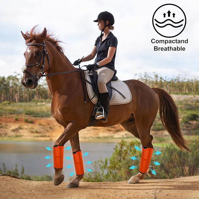 Horse Fly Boots, Adjustable Fly Boots for Horses Set of 4, Comfortable Horse Leggings, Breathable Plastic Mesh Material, Horse Supplies for Reduces Stress & Leg Fatigue (Orange)