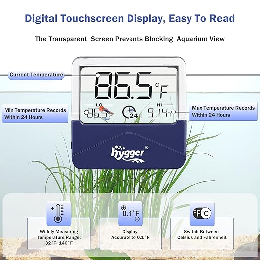 hygger Digital Aquarium Thermometer Records Max Min Temperature Sensor Gauge with LCD Display Stickable Fish Tank Thermometer for Saltwater, Freshwater, Fish, Amphibians, Reptiles