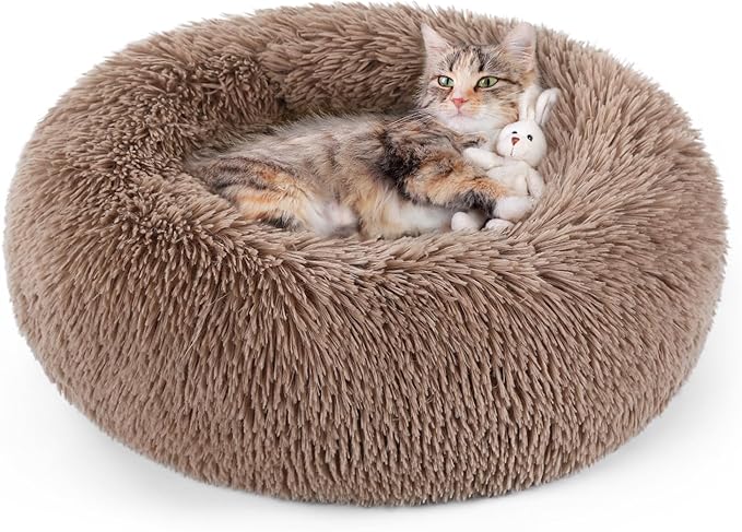 rabbitgoo Cat Beds for Indoor Cats, 20 inches Cat Bed Machine Washable, Fluffy Round Pet Bed Non-Slip, Calming Soft Plush Donut Cuddler Cushion Self Warming for Small Dogs Kittens, Light Brown, Medium