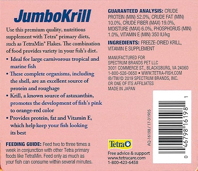 Tetra JumboKrill Freeze-Dried Jumbo Shrimp 3.5 Ounces, Natural Shrimp Treat For aquarium Fish, Red (16198)