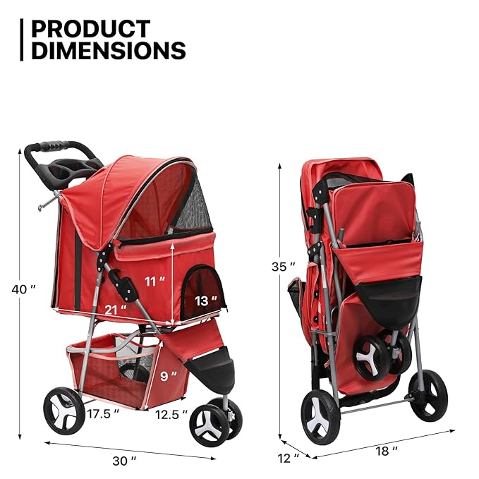 MoNiBloom 3 Wheels Pet Stroller, Foldable Puppy Cage Jogger Stroller with Weather Cover for All-Season, Storage Basket and Cup Holder, Breathable and Visible Mesh for Small/Medium Pets, Red