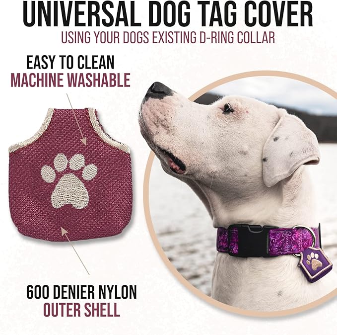 Dog Tag Silencer, Burgundy Pawprint - Quiet Noisy Pet Tags - Fits Up to Four Pet IDs - Dog Tag Cover Protects Metal Pet IDs, Made of Durable Nylon, Universal Fit, Machine Washable