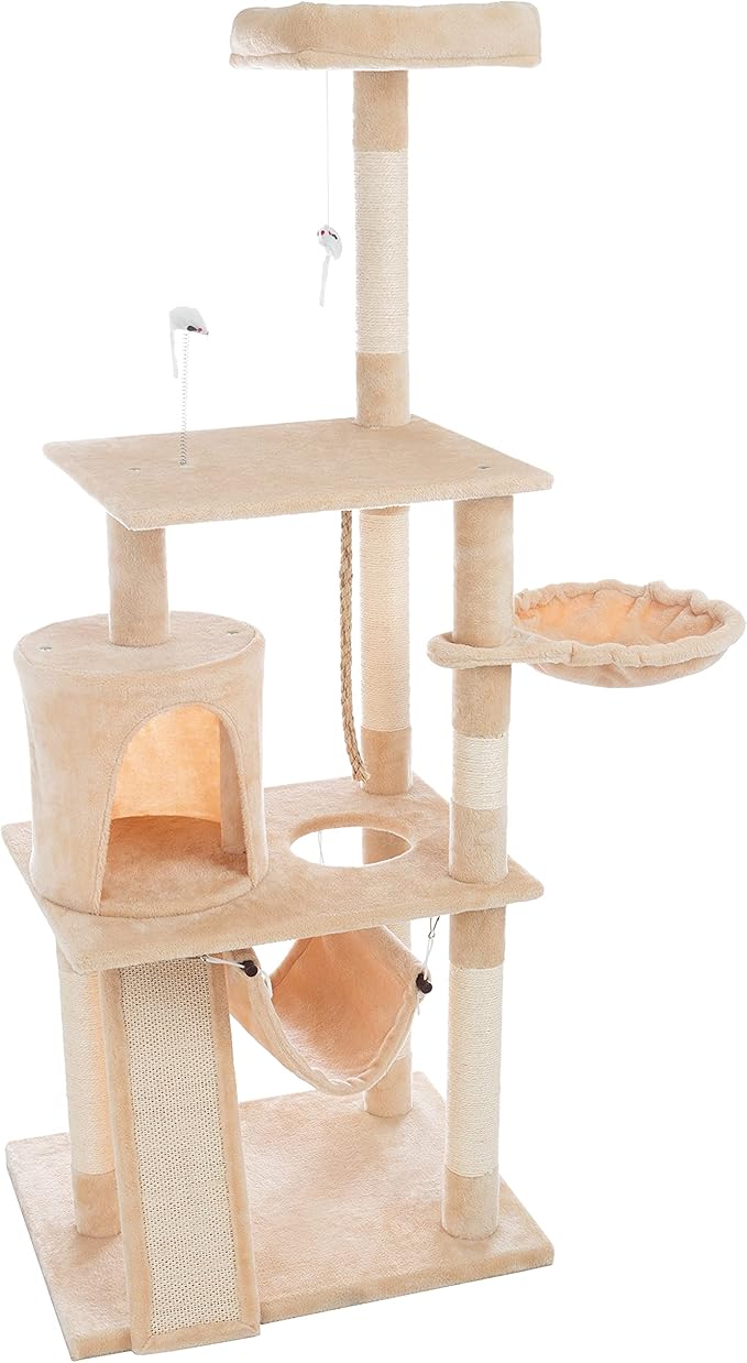 PETMAKER 4-Tier Deluxe Cat Tower - Large Scratching Board, 6 Scratch Posts, Napping Perches, Kitty Condo Hut, 2 Hammocks and Hanging Toys