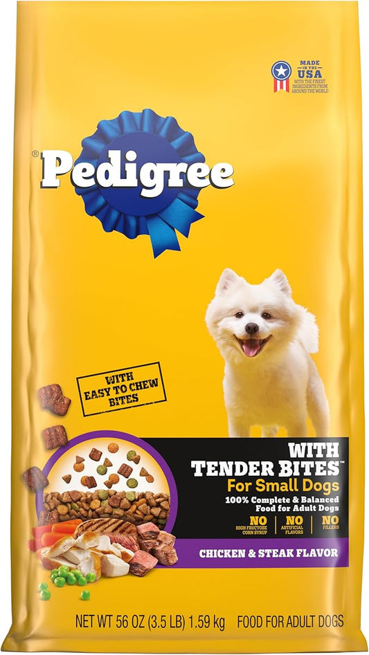 PEDIGREE with Tender Bites Small Dog Complete Nutrition Small Breed Adult Dry Dog Food, Chicken & Steak Flavor Dog Kibble, 3.5 lb. Bag