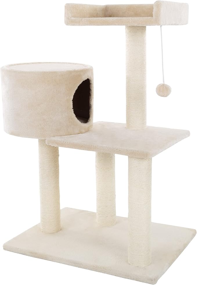 3-Tier Cat Tower - 2 Napping Perches, Cat Condo, 4 Sisal Rope Scratching Posts, Hanging Toy – Cat Tree for Indoor Cats and by PETMAKER (Beige)