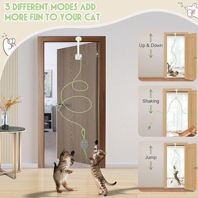 Cat Toy Interactive for Indoor Cats, Smart USB Rechargeable Door Hanging Automatic Retractable Kitten Toys, Teaser Electronic Self Play Feather Cat String Toys Attached with 3 Catnip Mice Green