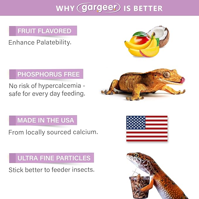 4oz Gecko Calcium without Vitamin D3, Phosphorus-free, Ultrafine Powder. Ready to Use Supplement for Geckos & Fruit-Eating Reptiles. Flavored with Real Organic Tropical Fruits. Made in the USA