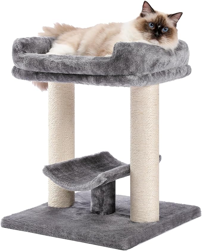 PETEPELA 19" Cat Scratching Post, Cat Tree Tower, 100% Natural Sisal Cat Scratcher with Large Plush Top Perch Bed, Cozy Cat Platform for Kittens and Cats