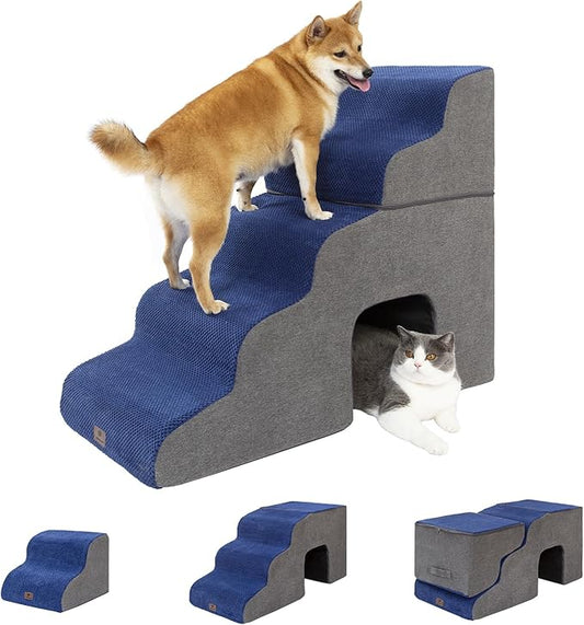 Dog Stairs Ramp for High Beds and Couch,Curved Dog Steps for Small Dogs and Cats Pet Stairs Non-Slip Balanced Portable Pet Step Indoor, 5 Steps,Navy Blue