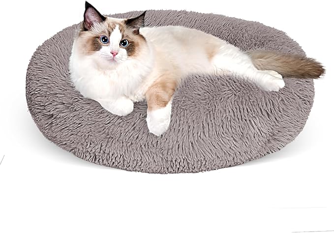 Cat Bed for Indoor Cats,24 Inch Cat Bed & Dog Bed Machine Washable, Fluffy Round Pet Bed Non-Slip, Calming Soft Plush Donut Cuddler Cushion Self Warming for Puppy and Kitten