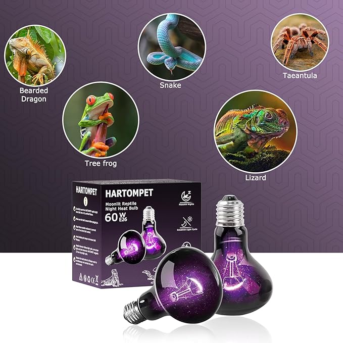 60W Reptile Night Light Bulb, UVA Heat Lamp - Simulate Natural Moonlight, Purple Basking Lamp for Bearded Dragon, Lizard, Snake, Chameleon, Turtle, and Amphibians, Ideal for Aquariums Tanks