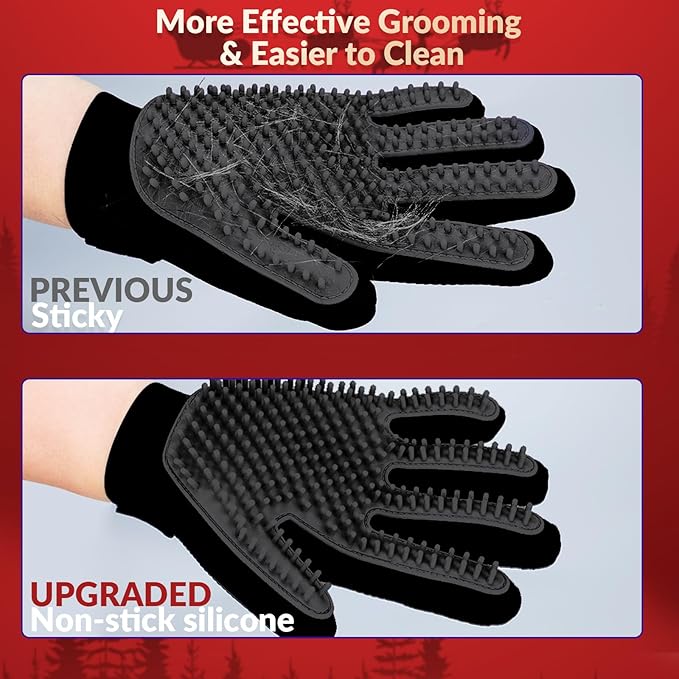 Upgrade Version Pet Grooming Glove - Gentle Deshedding Brush Glove - Efficient Pet Hair Remover Mitt - Enhanced Five Finger Design - Perfect for Dog & Cat with Long & Short Fur - 1 Pair (Black)