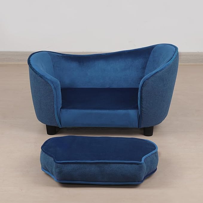 Pet Sofa Bed, Velvet & Linen Fabric Pet Couch Chair with Removeable & Washable Cushion for Small Dogs Cats (Blue)