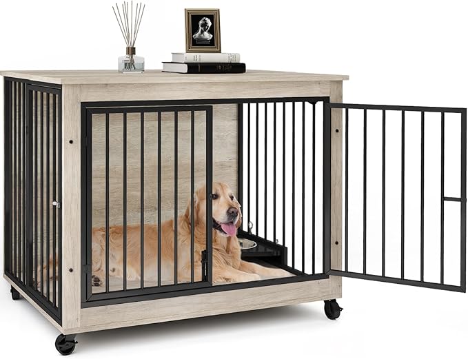 39 Inch Large Wooden Dog Crate Furniture with 180° Rotatable Bowl, Grey Multi-Functional Dog Crate End Table with Wheels, Furniture Dog Crate for Large Dogs with Flip-up Top Opening