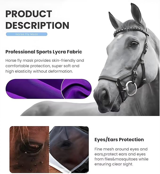 Horse Fly Mask - Fly Masks for Horses with Ears, Horse Sunscreen, Sunscreen for Horses, UV Fly Mask for Horses, Horse Fly Mask UV Protection, Cattle Fly Mask, Fly Masks for Horses, Fly Mask