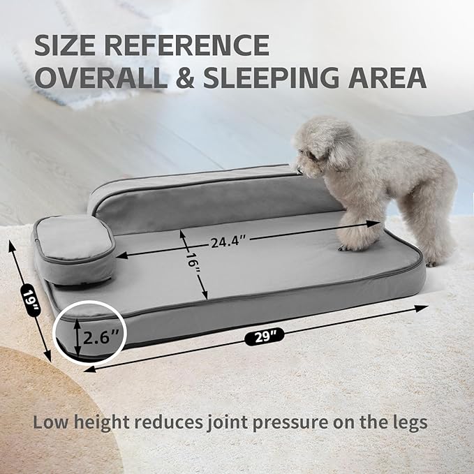 Dog Bed for Medium Dogs, Easy Clean Dog Sofa Air-Leather-Fabric Pet Bed, Stain & Waterproof Dog Bed with Memory Foam & Washable Cover, with Pillow & Side Cushion, Gray, M Size