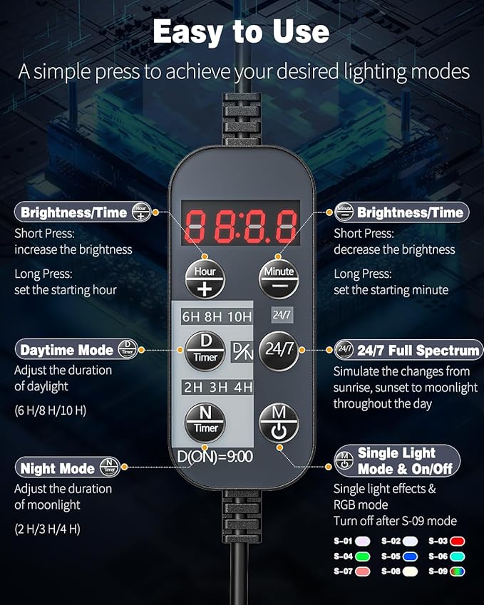 Pawfly 21W Aquarium LED Light for 18" to 24" Tanks 24/7 Extendable Fish Tank Light with Full Spectrum IP68 Waterproof Light with D/N Mode Single Color Effects Timer and Adjustable Brightness
