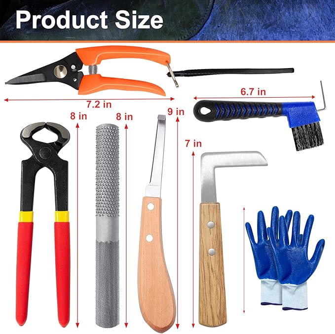 8 inch Farrier Tools Kit (8 Piece) Horse Goat Hoof Trimmers Carbon Steel Nippers Shears Nail Clipper, Mini Rasp, Hoof Trimming Cutter Knife, File for Pig Sheep Donkey Equine Supplies with Storage Bag