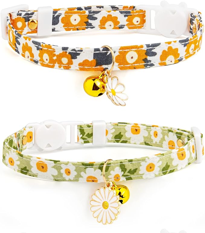 2 Pack Cotton Breakaway Cat Collars with Bell,Green&Orange Daisy Pendant Cute Cat Collar Kitten Collar,Ideal for Girl Cats Boy Cats