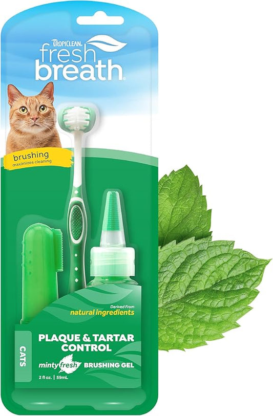 TropiClean Fresh Breath Plaque & Tartar Control Kit for Cats | Kit with Cat Toothbrush & Fingerbrush | Cat Teeth Cleaning Gel | Help With Bad Breath