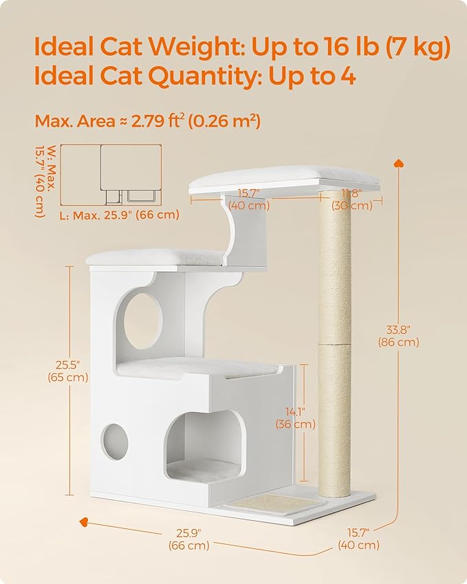 Feandrea WoodyWonders Cat Tree, 33.8-Inch Modern Cat Tower, Cat Condo with 3 Perches, Scratching Post and Mat, Cave, 4 Removable Washable Cushions, Cloud White UPCT070W01