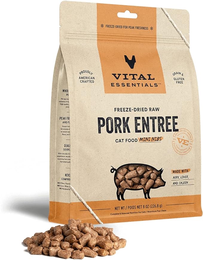 Vital Essentials Freeze Dried Raw Cat Food, Pork Mini Nibs Entree, 8 oz