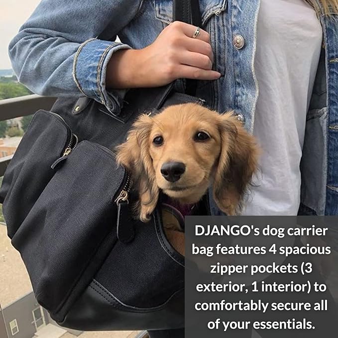 DJANGO Dog Carrier Bag - Waxed Canvas and Leather Soft-Sided Pet Travel Tote with Bag-to-Harness Safety Tether & Secure Zipper Pockets (Large, Black)